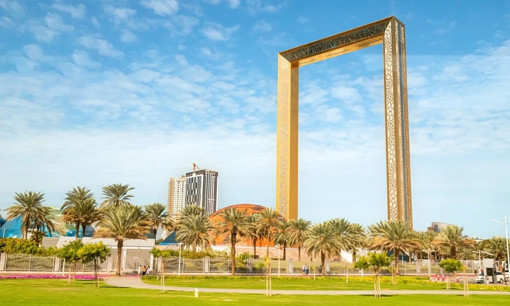 Dubai Frame view from Zabeel Park with city skyline in the background
